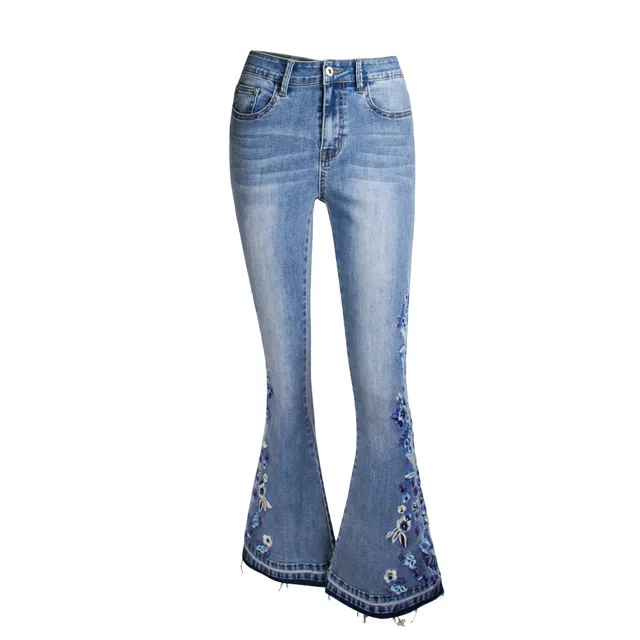 Denim Embroidered Women's Trousers, Wide Leg Washed Flared Jeans, Plus Size Trousers Light Blue - Shop at LoveMi