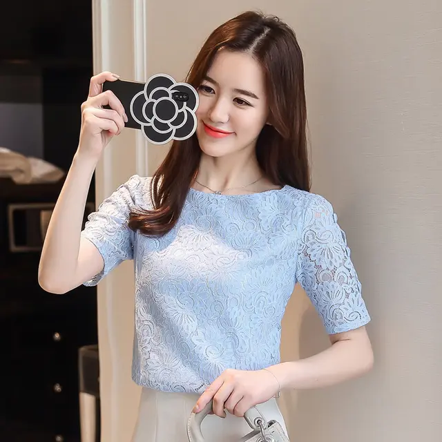 Fashion Lantern Sleeve Lace Chiffon Shirt Light Blue - Shop at LoveMi