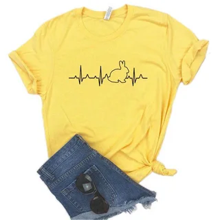 Rabbit Heartbeat Print Ladies T-shirt Short Sleeve - Yellow