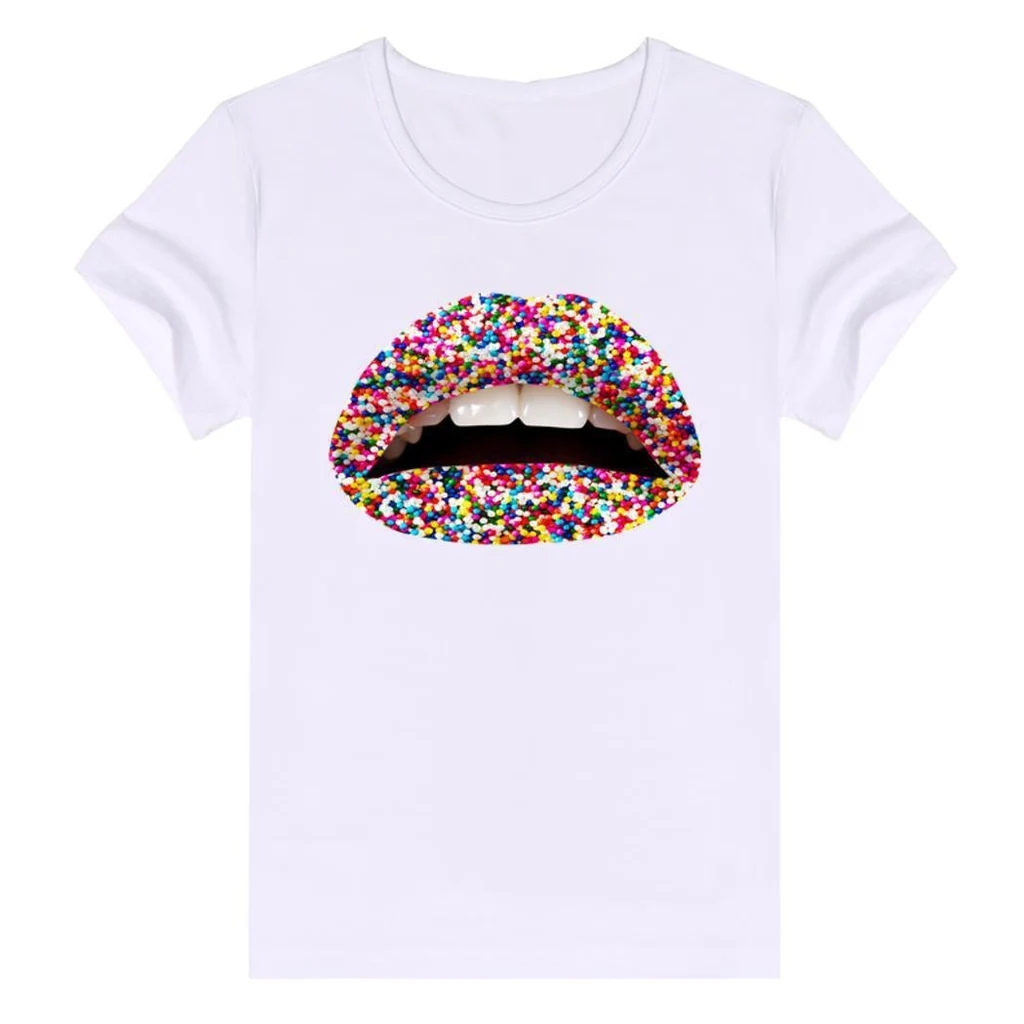 Plus Size Lip Print t-Shirt Crew Neck Top - Colorful