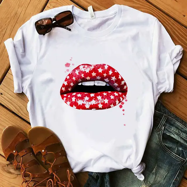 Plus Size Lip Print t Shirt Crew Neck Top Red - Shop at LoveMi