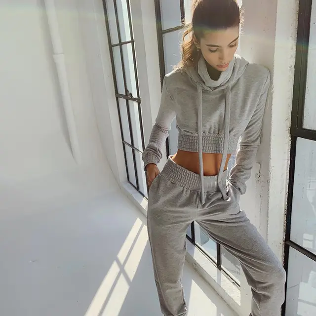 Long Sleeves Crop Top 2 Two Piece Set Women Grey - Shop at LoveMi