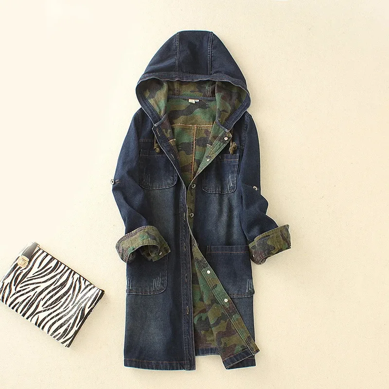 Ladies Camouflage Long Denim Hooded Jacket - Dark Blue