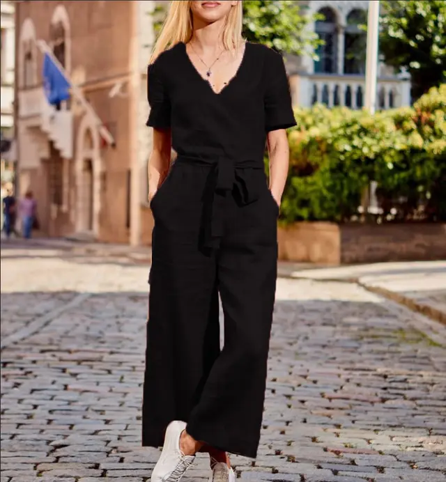 Short Sleeved Casual Loose Fitting Trousers Black - Shop at LoveMi