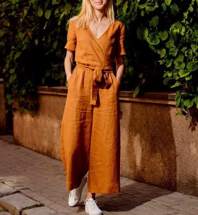 Short Sleeved Casual Loose Fitting Trousers Orange - Shop at LoveMi