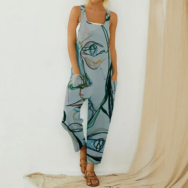 Ladies Printed Cotton And Linen Strap Button Jumpsuit Blue - Shop at LoveMi