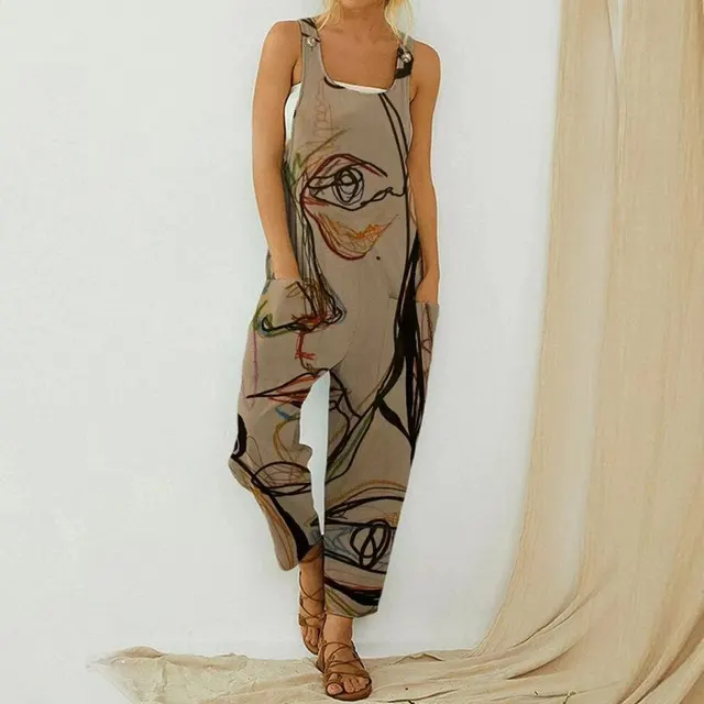 Ladies Printed Cotton And Linen Strap Button Jumpsuit Brown - Shop at LoveMi