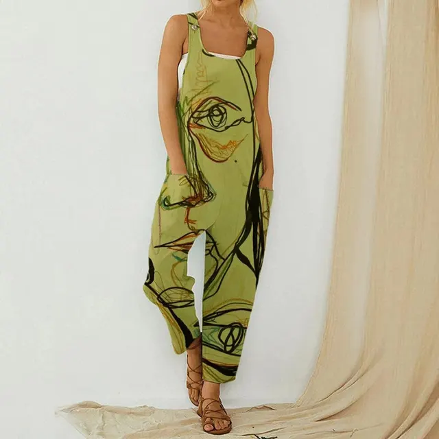 Ladies Printed Cotton And Linen Strap Button Jumpsuit Green - Shop at LoveMi
