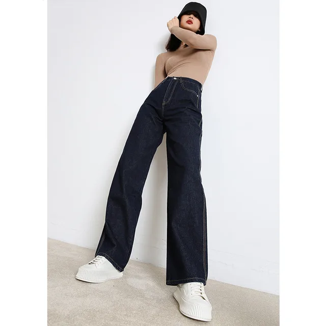 Jeans Women's High Waist Straight Wide Leg Pants Spring New Smoke Gray Loose Draping Mopping Pants Dark Blue - Shop at LoveMi