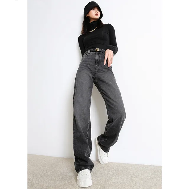 Jeans Women's High Waist Straight Wide Leg Pants Spring New Smoke Gray Loose Draping Mopping Pants Grey - Shop at LoveMi