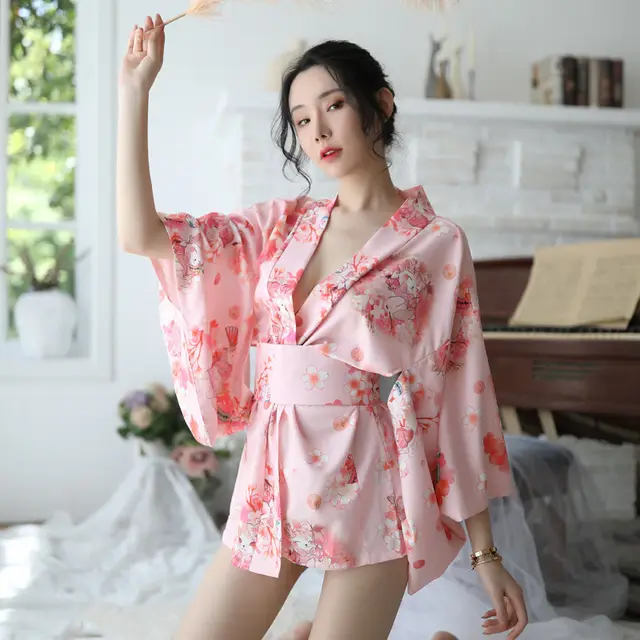 New Aexy Lingerie Manufacturers Supply Sexy Lingerie Women New Japanese Printed Kimono Suit Bathrobe Pink - Shop at LoveMi
