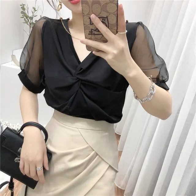 Women's Net Yarn Short Sleeved Stitching Folds And Thin V Neck Shirt Black - Shop at LoveMi
