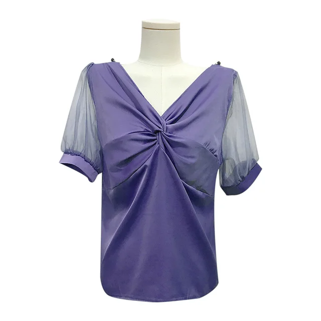 Women's Net Yarn Short Sleeved Stitching Folds And Thin V Neck Shirt Purple - Shop at LoveMi