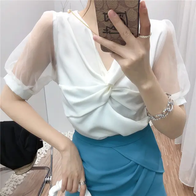 Women's Net Yarn Short Sleeved Stitching Folds And Thin V Neck Shirt White - Shop at LoveMi