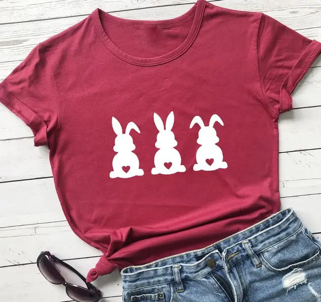 Easter Love Bunny Pattern Print Short Sleeve Wine Red - Shop at LoveMi