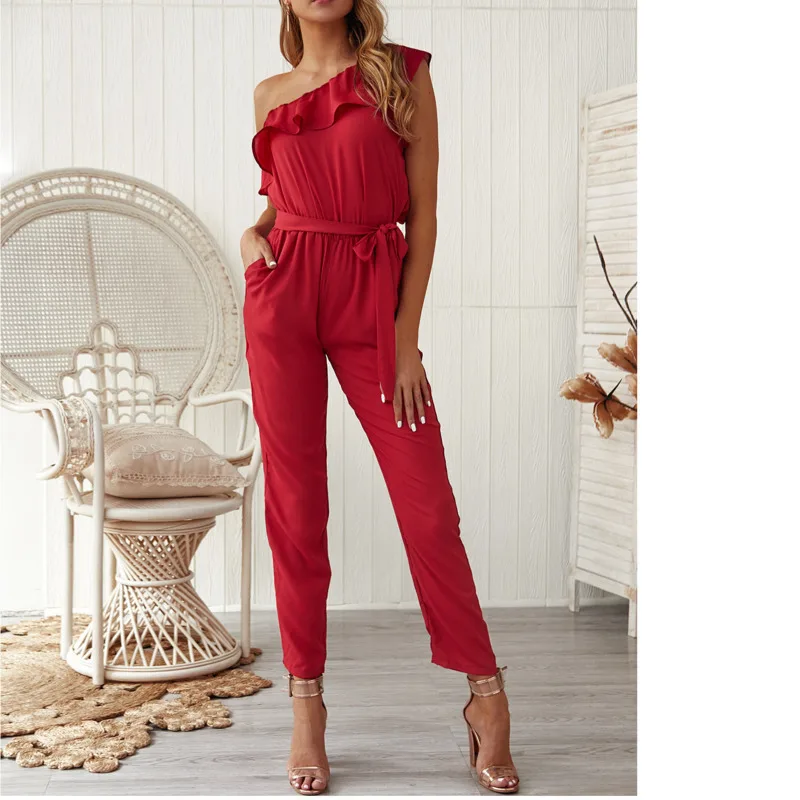 Ladies Fashion Slanted Shoulder Lace Pocket Chiffon Stitching Slim Jumpsuit Red - Shop at LoveMi