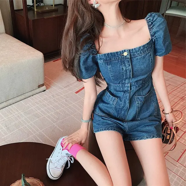 Temperament Square Collar Denim Jumpsuit Women Dark Blue - Shop at LoveMi