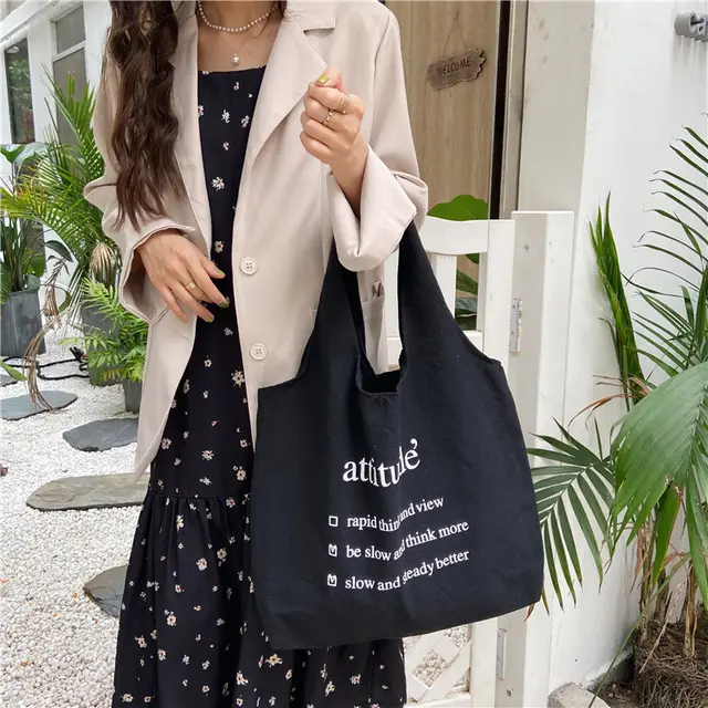 Shoulder Bag Literary Female Large capacity Canvas White Letters - Shop at LoveMi