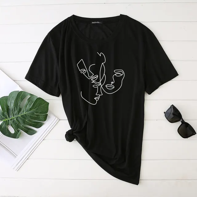 Simple Abstract Line Face Print T Shirt Ladies Short Sleeve Top Black - Shop at LoveMi