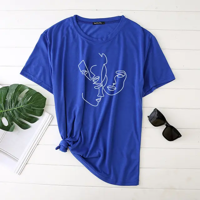 Simple Abstract Line Face Print T Shirt Ladies Short Sleeve Top Blue - Shop at LoveMi
