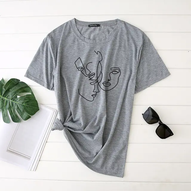 Simple Abstract Line Face Print T Shirt Ladies Short Sleeve Top Light Grey - Shop at LoveMi