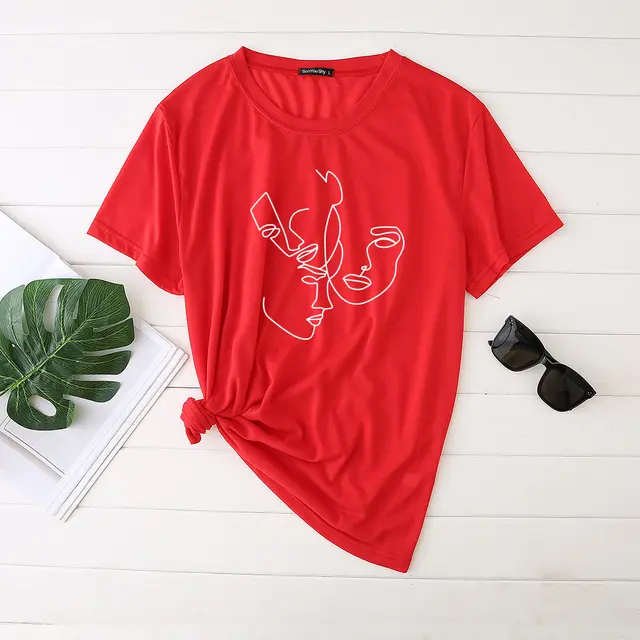 Simple Abstract Line Face Print T Shirt Ladies Short Sleeve Top Red - Shop at LoveMi