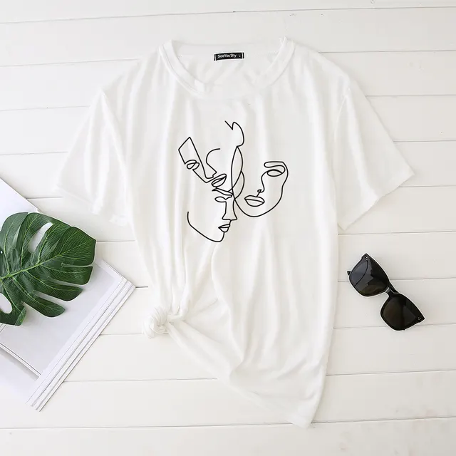 Simple Abstract Line Face Print T Shirt Ladies Short Sleeve Top White - Shop at LoveMi