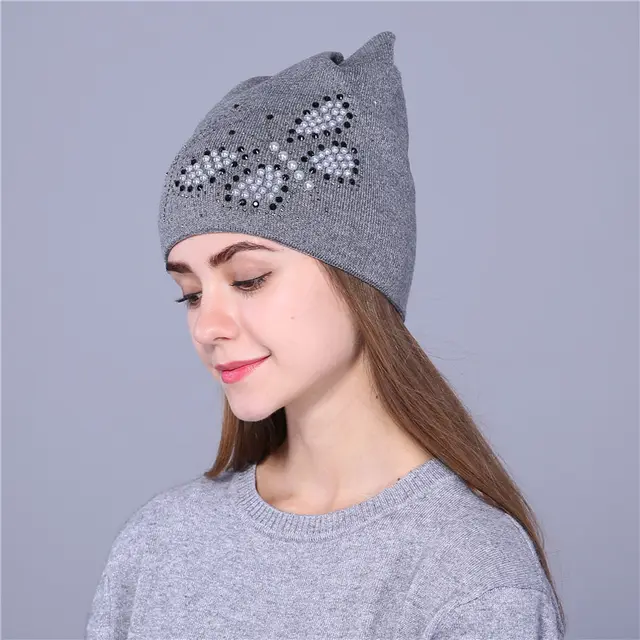 European And American Foreign Trade Woolen Knit Hat Cute Cat Ear Hat Pearl Butterfly Pullover Cap Dark Gray - Shop at LoveMi