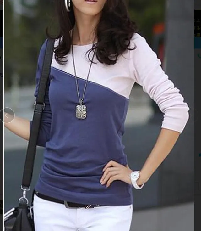 Slim Stitching Round Neck Irregular Long Sleeved T Shirt Women Blue - Shop at LoveMi
