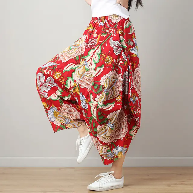 Women's Loose Lantern Wide Leg Cropped Trousers Big Red Flower - Shop at LoveMi