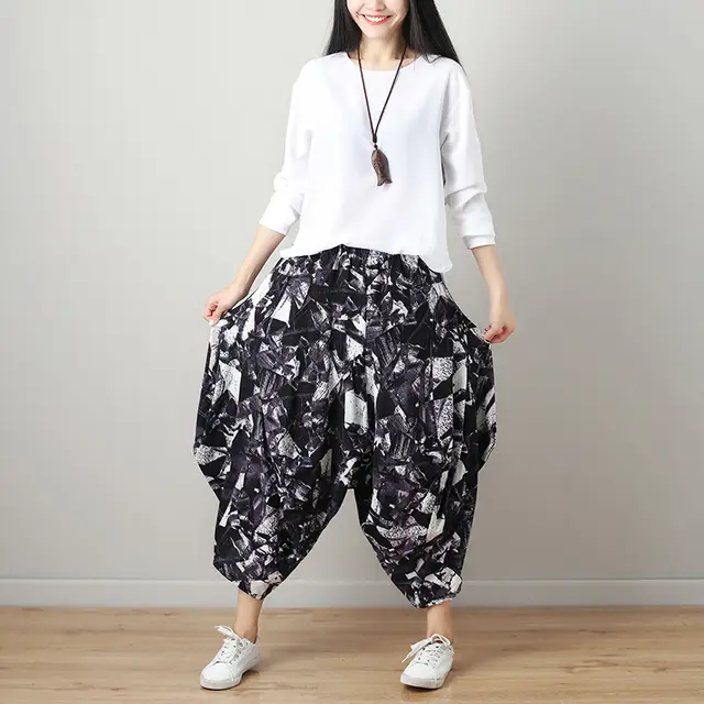 Women's Loose Lantern Wide Leg Cropped Trousers Black And White - Shop at LoveMi