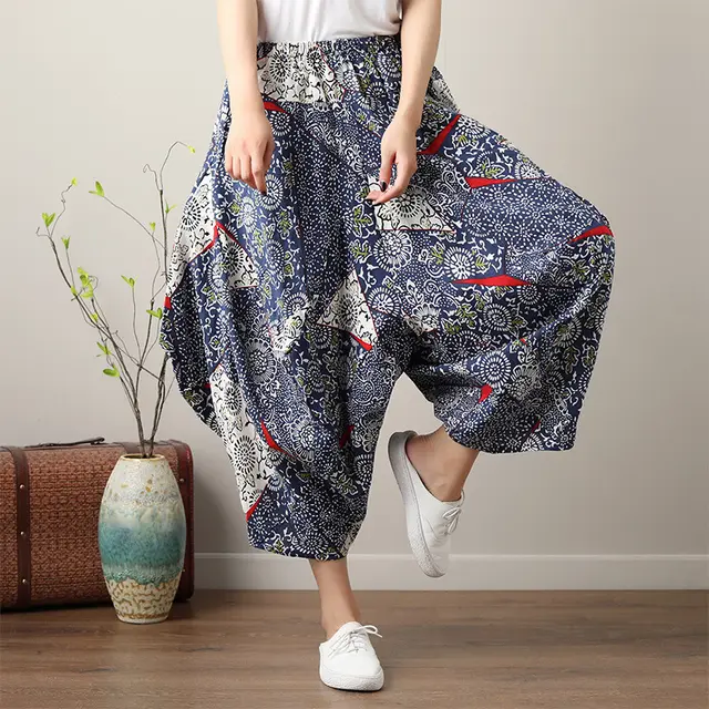 Women's Loose Lantern Wide Leg Cropped Trousers Celadon Flower - Shop at LoveMi