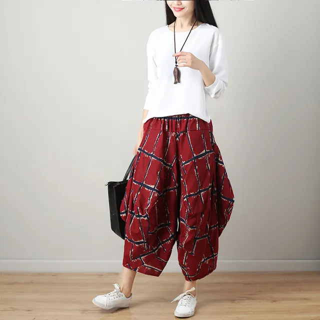 Women's Loose Lantern Wide Leg Cropped Trousers Checkered Red - Shop at LoveMi