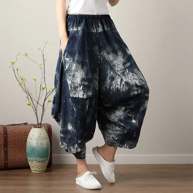 Women's Loose Lantern Wide Leg Cropped Trousers Denim Blue - Shop at LoveMi