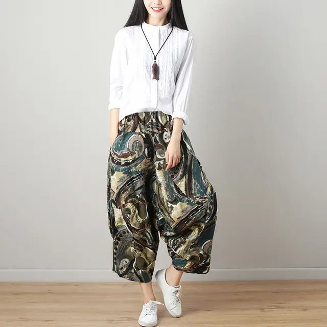 Women's Loose Lantern Wide Leg Cropped Trousers Green - Shop at LoveMi