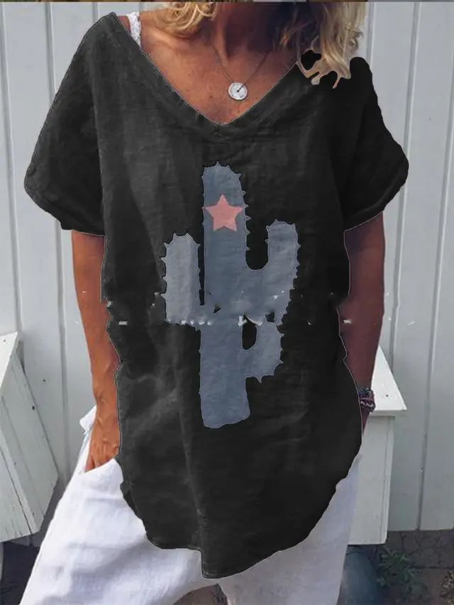 Short Sleeve Printed Cotton And Linen T Shirt Black - Shop at LoveMi