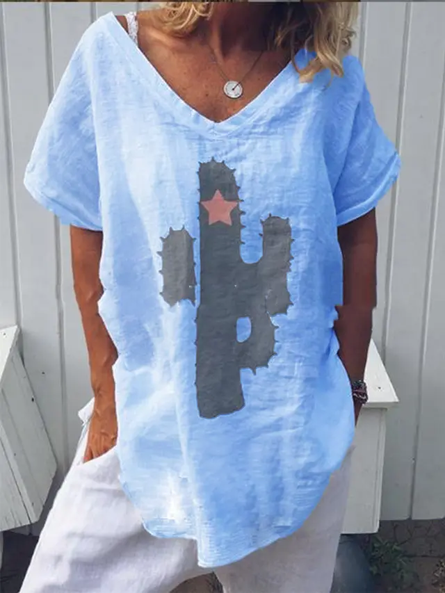 Short Sleeve Printed Cotton And Linen T Shirt Blue - Shop at LoveMi