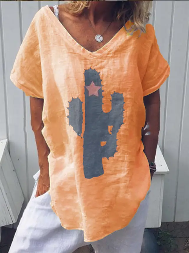 Short Sleeve Printed Cotton And Linen T Shirt Orange - Shop at LoveMi