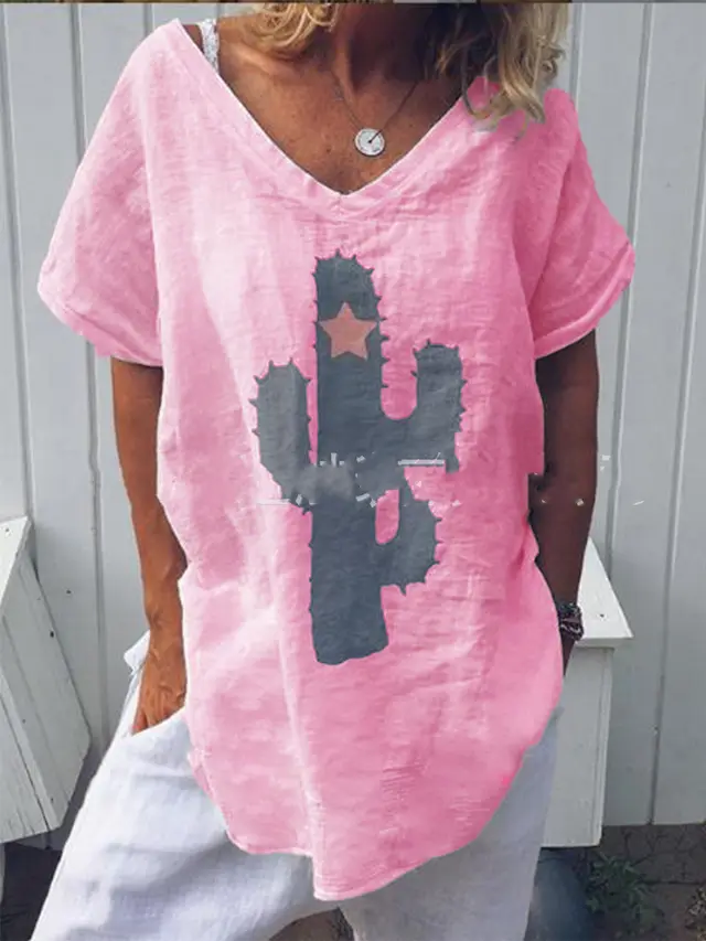 Short Sleeve Printed Cotton And Linen T Shirt Pink - Shop at LoveMi
