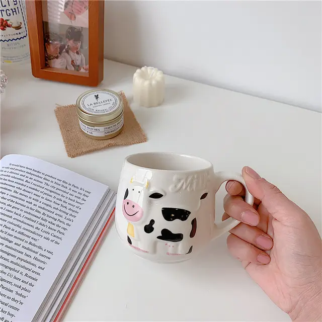 Cute Cartoon Mug Cow Embossed Creative Ceramic Mug With Handle 414Ml - Shop at LoveMi