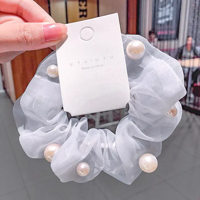 Mesh Pearl Large Intestine Hair Tie Grey - Shop at LoveMi