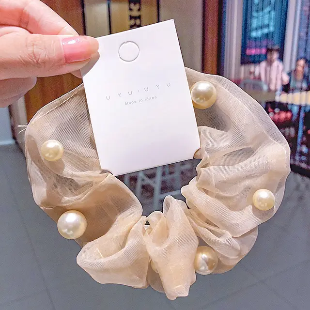 Mesh Pearl Large Intestine Hair Tie Khaki - Shop at LoveMi