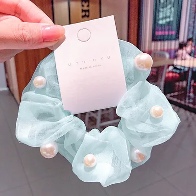 Mesh Pearl Large Intestine Hair Tie Light Blue - Shop at LoveMi