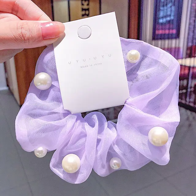 Mesh Pearl Large Intestine Hair Tie Light Purple - Shop at LoveMi