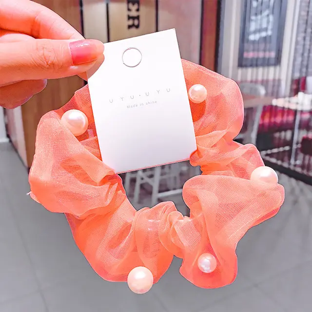 Mesh Pearl Large Intestine Hair Tie Orange - Shop at LoveMi