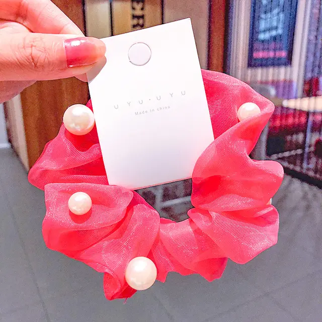 Mesh Pearl Large Intestine Hair Tie Peach Red - Shop at LoveMi