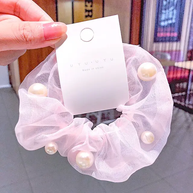Mesh Pearl Large Intestine Hair Tie Pink - Shop at LoveMi