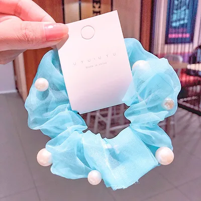 Mesh Pearl Large Intestine Hair Tie Sky Blue - Shop at LoveMi