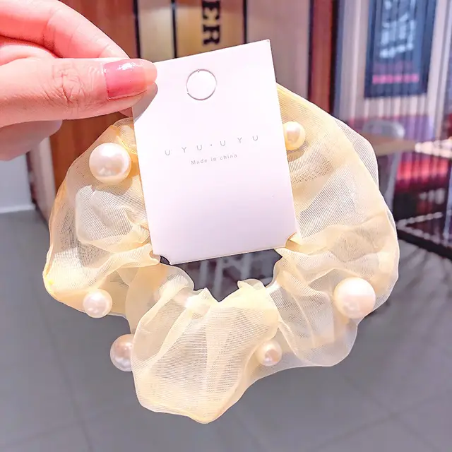 Mesh Pearl Large Intestine Hair Tie Warm Yellow - Shop at LoveMi
