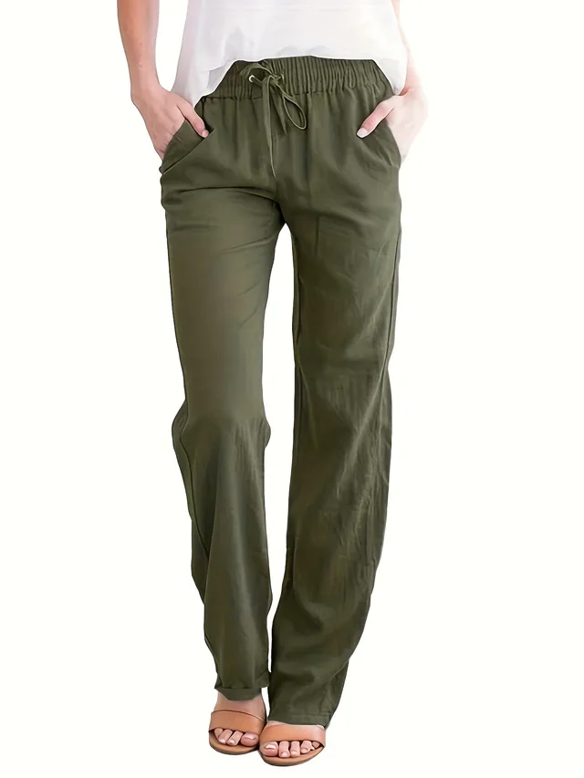 Women's Solid Color Loose Elastic Waist Casual Trousers Army Green - Shop at LoveMi